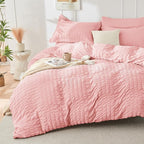 HYMOKEGE Rose Pink Twin Comforter Set Seersucker 5 Pieces, All Season Luxury Bed in a Bag for Bedroom, Bedding Set with Comforter, Sheets, Pillowcase & Sham