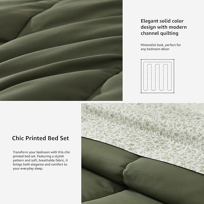 Monbix Full Comforter Set - 7 Pieces Olive Green Bed in a Bag Full Size Track Stitching Bedding Sets, All Seasons Down Alternative Comforter with Sheets,Pillowcases & Shams