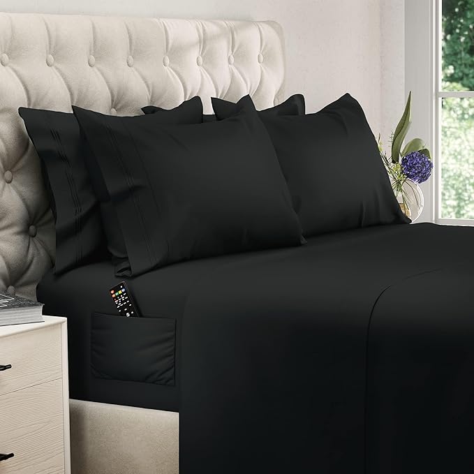 DREAMCARE California King Sheet Sets – 6 pcs Cooling Bed Sheets – up to 15” Deep Cal King Sheets – 2500 Supreme Collection – Extra Soft 100% Brushed Microfiber Hotel Luxury with Side Pocket – Black