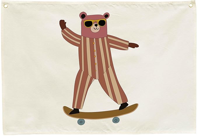 Skateboarding Bear Nursery Rectangular Canvas Banner-Flag Wall Sign Decor for Baby Boys Kids, Baby Room Above Crib Bedroom Playroom Reading Room Decor-Baby Shower Birthday Christmas Gift