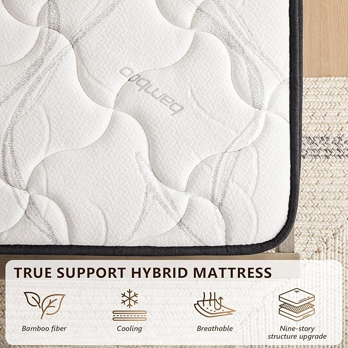 Queen Mattress 12 Inch Hybrid Mattress Queen in a Box with Bamboo Cover - Memory Foam Mattress with Strong Support and Motion Isolation - Medium Firm Mattress with Pocket Springs