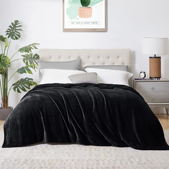 Walensee Sherpa Fleece Blanket (Queen Size 90”x90” Black) Plush Throw Fuzzy Super Soft Reversible Microfiber Flannel Blankets for Couch, Bed, Sofa Ultra Luxurious Warm and Cozy for All Seasons