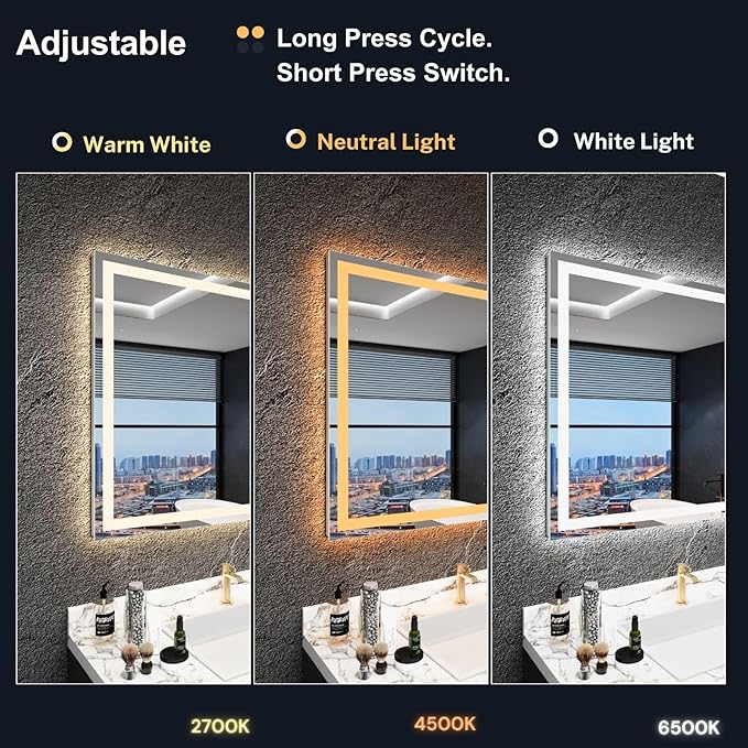 28" x 36" LED Mirror, Front & Backlit, Stepless Dimmable, Anti-Fog, Shatter-Proof, Memory, 3 Color Smart Mirror (Horizontal/Vertical)