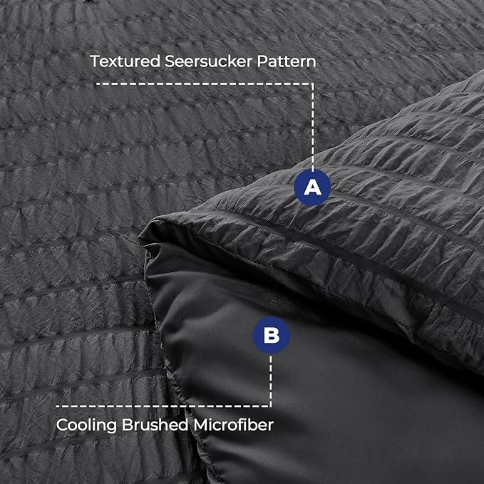 HYMOKEGE Twin Comforter Set Seersucker 5 Pieces, All Season Luxury Bed in a Bag for Bedroom, Bedding Set with Comforters, Sheets, Pillowcase & Sham, Dark Grey