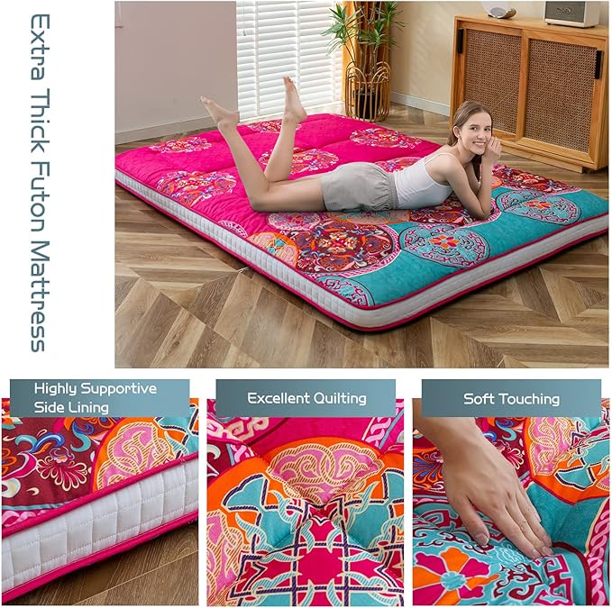 MAXYOYO Bohemian Style Futon Mattress, Padded Japanese Floor Mattress Quilted Bed Mattress Topper, Extra Thick Folding Sleeping Pad Breathable Floor Lounger Guest Bed for Camping Couch, Red, Full