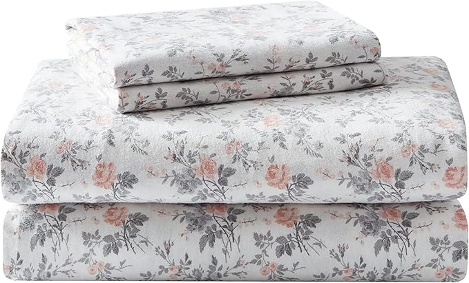 Laura Ashley - Flannel Sheets Queen Size, Anti-Pilling & Wrinkle Resistant Cotton, Touchably Soft for All-Season Comfort - Bed Sheets with Matching Pillowcases & Fitted Sheet (Rosalie Grey)