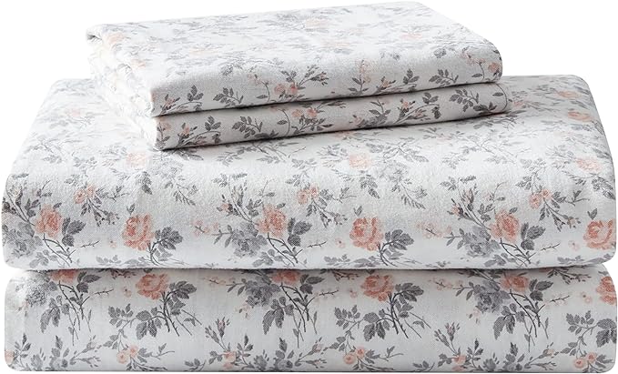 Laura Ashley - Flannel Sheets Twin Size, Anti-Pilling & Wrinkle Resistant Cotton, Touchably Soft for All-Season Comfort - Bed Sheets with Matching Pillowcase & Fitted Sheet (Rosalie Grey)