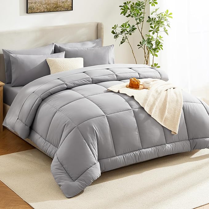 CozyLux Full Size Comforter Sets Grey, 7 Pieces Bed in a Bag, Gray Comforter Full Size, All Season Bedding Sets with Stitch Quilted Comforter, Flat Sheet, Fitted Sheet, Pillowcases
