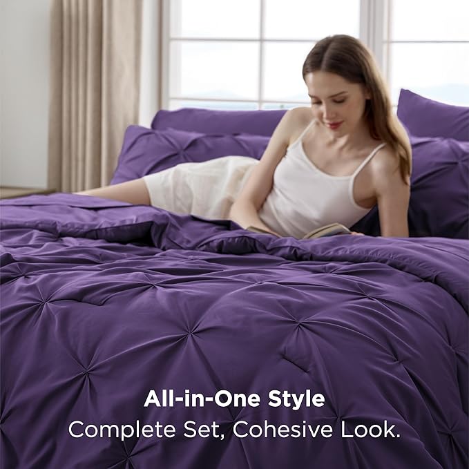 Bedsure Queen Comforter Set Purple - Bed in a Bag Queen Size Bedding 7 Pieces, GentleSoft™ Pintuck Bed Set Gift for Family, Pinch Pleat All Season Comforter with Sheets, Pillowcases & Shams