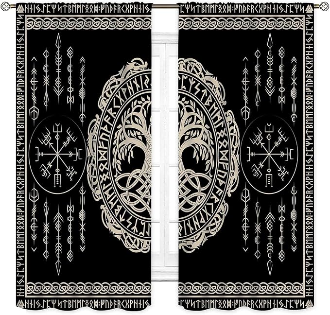 Viking Curtains, Nordic Tree of Life Celtic Rune Scandinavian Gothic Norse Mythology Aesthetic Retro Drapery for Bedroom Living Room Bathroom Window 2 Panel Set, 42"x63" Inch