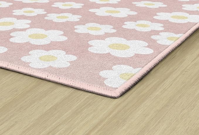 Flagship Carpets Schoolgirl Style Retro Daisies on Pink Educational Area Rug for Kids Room Seating Décor, Children's Classroom, Play Carpet for Teaching and Playroom, 5' x 7'6"