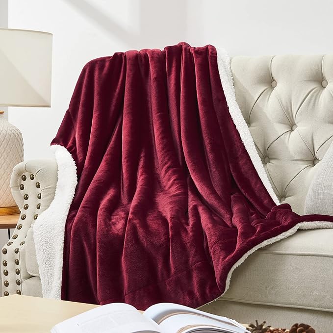 Walensee Sherpa Fleece Blanket (King Size 108”x90” Burgundy) Plush Throw Fuzzy Super Soft Reversible Microfiber Flannel Blankets for Couch, Bed, Sofa Ultra Luxurious Warm and Cozy for All Seasons
