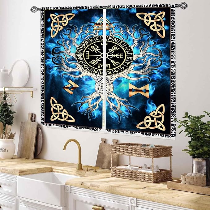 Tree of Life Curtains, Vikings Celtic Nordic Life Tree Scandinavian Aesthetic Mythology Blue Window Drapery Treatments for Bedroom Living Room Bathroom 2 Panels, 55x39 Inch