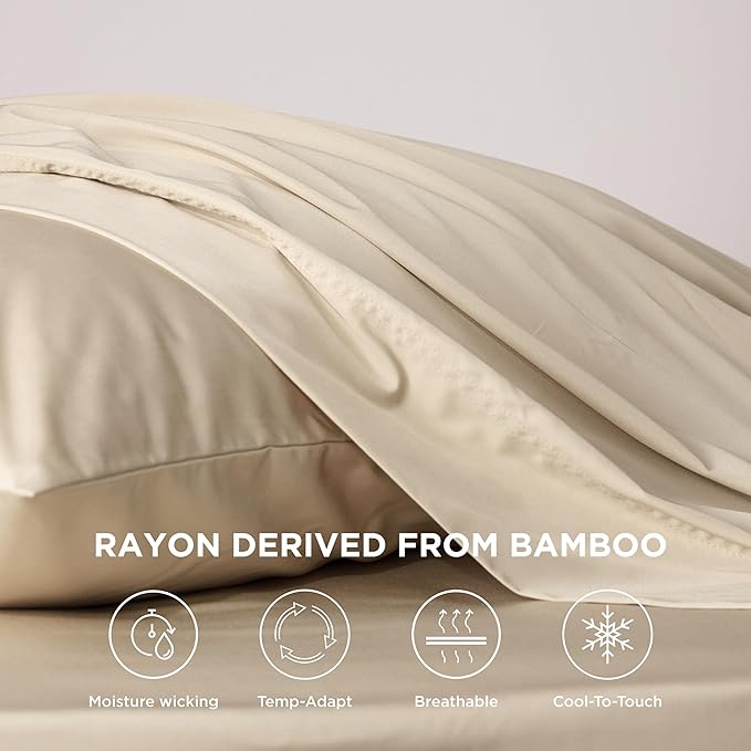 Bedsure Cooling Sheets Twin XL, Rayon Derived from Bamboo, Breathable & Soft Twin XL Sheet Sets, Deep Pocket Up to 16 Inches, Hotel Luxury Silky Dorm Bedding for Hot Sleepers, Beige