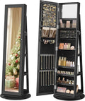 SONGMICS 360° Swivel Jewelry Cabinet, Lockable Jewelry Organizer with Full-Length Mirror, Rear Storage Shelves, Interior Mirror, Jewelry Armoire, Christmas Gifts for Women, Gift Idea, Black UJJC006B01