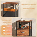 Furologee Nightstand Set of 2, Rustic Brown, with Charging Station and USB Ports, Side Tables with 2 Fabric Drawers, Bedside Tables with Storage Shelf & Hooks, for Living Room/Bedroom