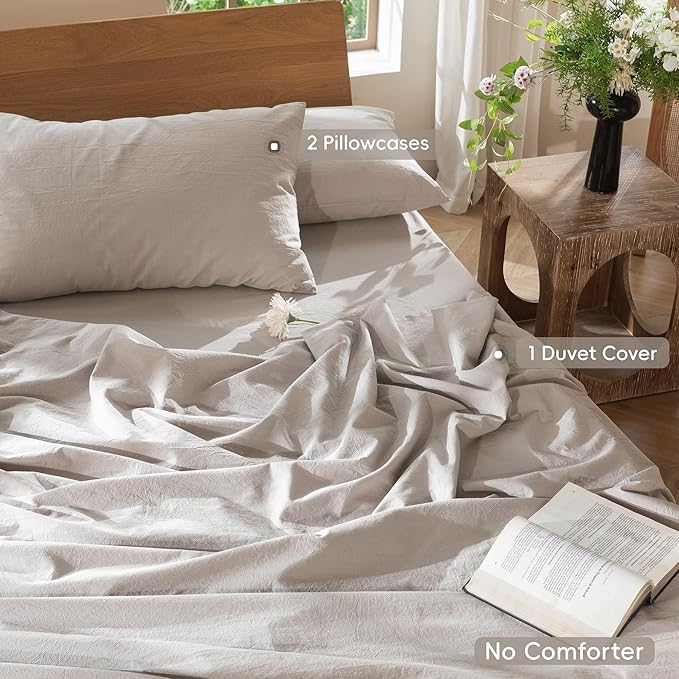 MooMee Bedding Duvet Cover Set 100% Washed Cotton Linen Like Textured Breathable Durable Soft Comfy (Solid Light Tan, Queen 90"x90")