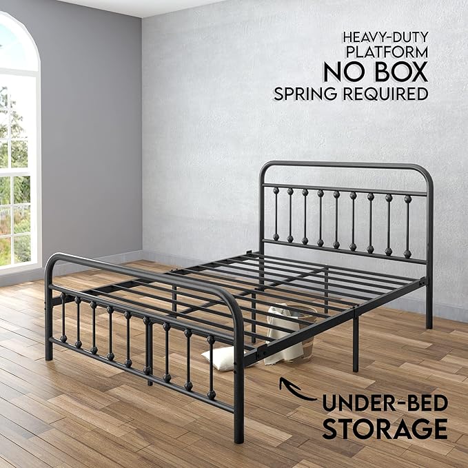 Golden Gate Beds Vintage Style Metal Bed Frame with Wrought Iron Headboard and Footboard, Classic Platform Bedframe with Storage, No Box Spring Needed, Mattress Foundation, Black, Queen Size