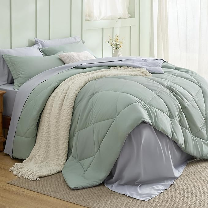 Bedsure King Size Comforter Set - 7 Pieces Reversible Sage Green Bedding, King Size Bed Set for All Seasons, Bed in a Bag with Down Alternative Comforter, Sheets, Pillowcases & Shams