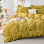 HYMOKEGE Mustard Yellow King Size Comforter Set Seersucker 7 Pieces, All Season Luxury Bed in a Bag for Bedroom, Bedding Set with Comforter, Sheets, Pillowcases & Shams