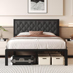 Full Bed Frame with Headboard Linen Upholstered Bed Frame Platform,All Metal Slats Support Platform Bed Frame with Storage Space,Easy Assembly,Noise Free,No Box Spring Needed,Grey