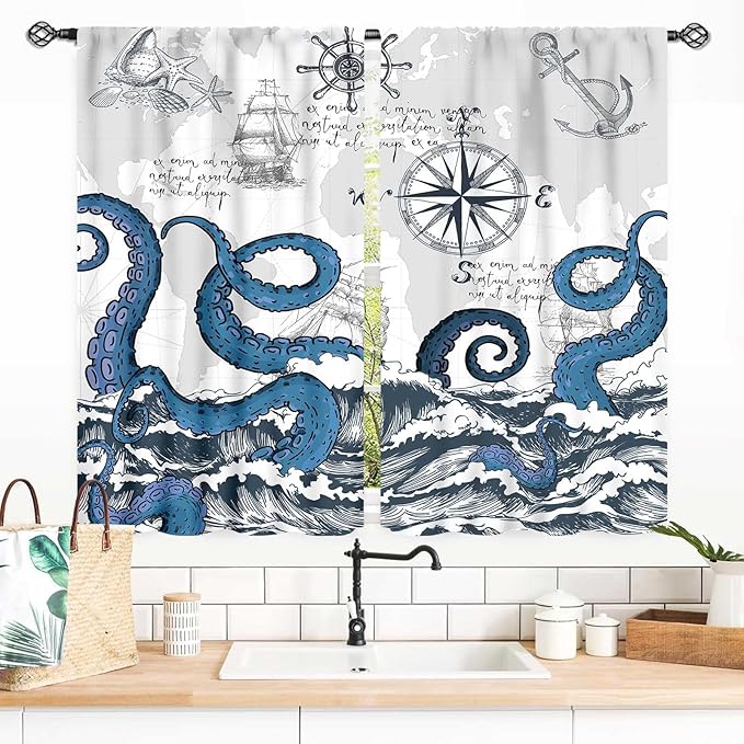 Nautical Curtains, Coastal Old Pirate Map Sailboat Compass Anchor Vintage Ocean Kraken Octopus Tentacles Blue Marine Window Drapery Treatment for Bedroom Living Room Kitchen Bathroom, 55x39 Inch