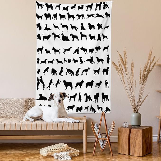 Ambesonne Dog Lover Tapestry, Silhouettes of Different Breeds of Dogs Chow Chow Shepherd Pinscher Spaniel, Wall Hanging for Bedroom Living Room Dorm Decor, 40" X 60", Black White