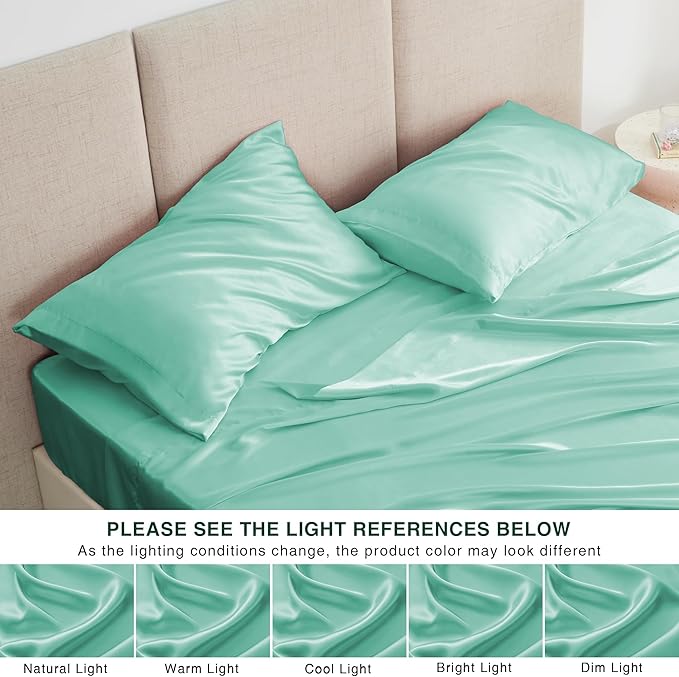 Love's cabin Satin King Sheet Sets - 4 Piece Aqua Silky Sheets King Size Bed Set with Deep Pocket, Luxury Silk Feel King Size Satin Sheet Set (1 Flat Sheet,1 Fitted Sheet,2 Pillow Cases)