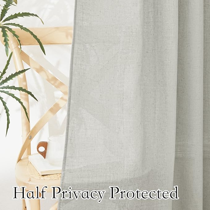 RYB HOME Linen Textured Sheer Curtains 45 inch Length, Half Privacy Sheers Drapes for Bathroom Bedroom Small Window Decor, Deep Grey, W 52 x L 45 inches, Set of 2