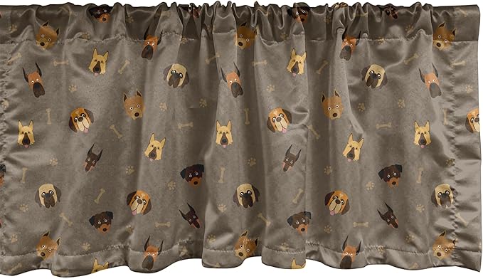 Ambesonne Dog Lover Window Valance Pack of 2, Repetitive Pattern of Pet Heads Paw Prints and Bones, Rod Pocket Curtain Valances for Kitchen Bedroom, 42" X 18", Taupe