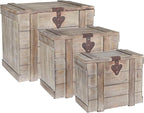 Household Essentials Antiqued Decorative Trunk, 3 Piece Set, Small, Medium and Large, Chinese Fir Panel and MDF, Smooth Backing and Metal Hinge Accent, Flat Top and Stay-Open Lid