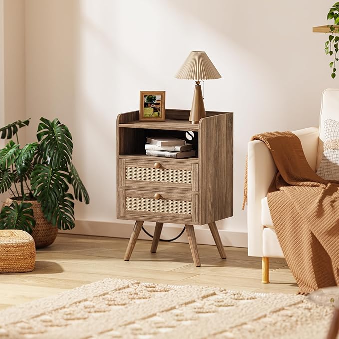 SUPERJARE 2 Drawer Night Stand with Charger Station, Boho Rattan Nightstand Set of 2, 25.2 Inch Tall Bed Side Table with Solid Wood Feet, End Table, Open Storage, Synthetic Rattan, Walnut