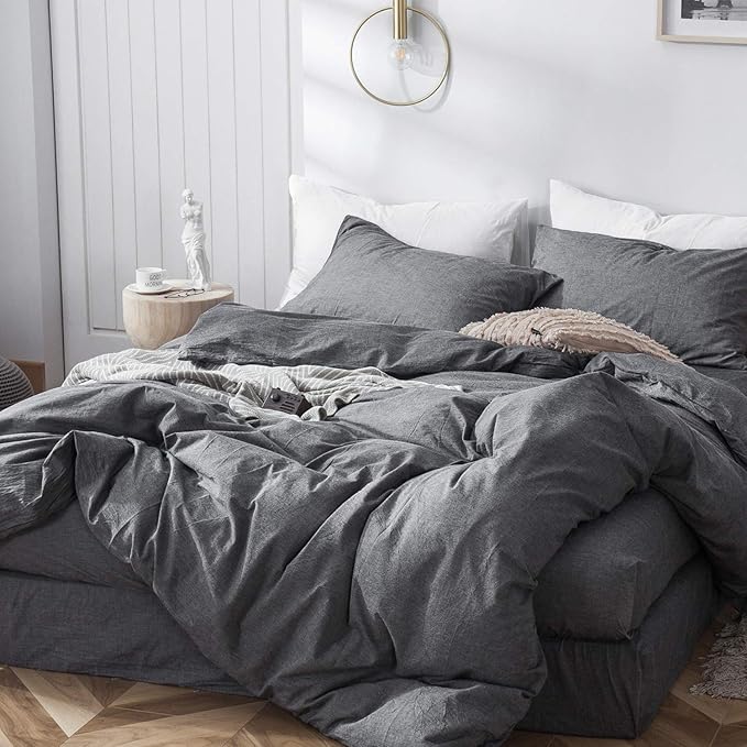 MooMee Bedding Duvet Cover Set 100% Washed Cotton Linen Like Textured Breathable Durable Soft Comfy (Heathered Dark Grey, Twin 68"x90")