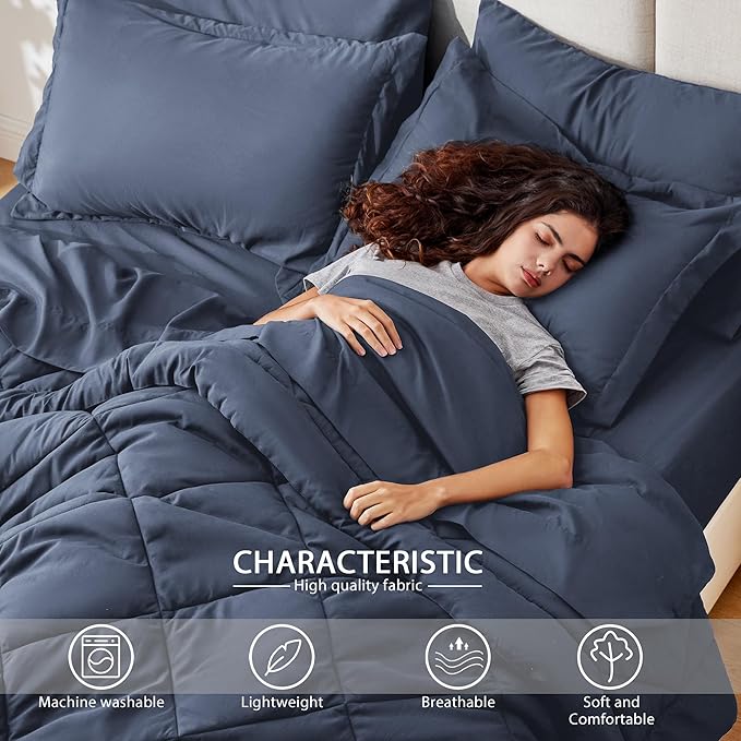 Love's cabin King Size Comforter Set Navy Blue, 7 Pieces King Bed in a Bag, All Season Bedding Sets with 1 Comforter, 1 Flat Sheet, 1 Fitted Sheet, 2 Pillowcase and 2 Pillow Sham
