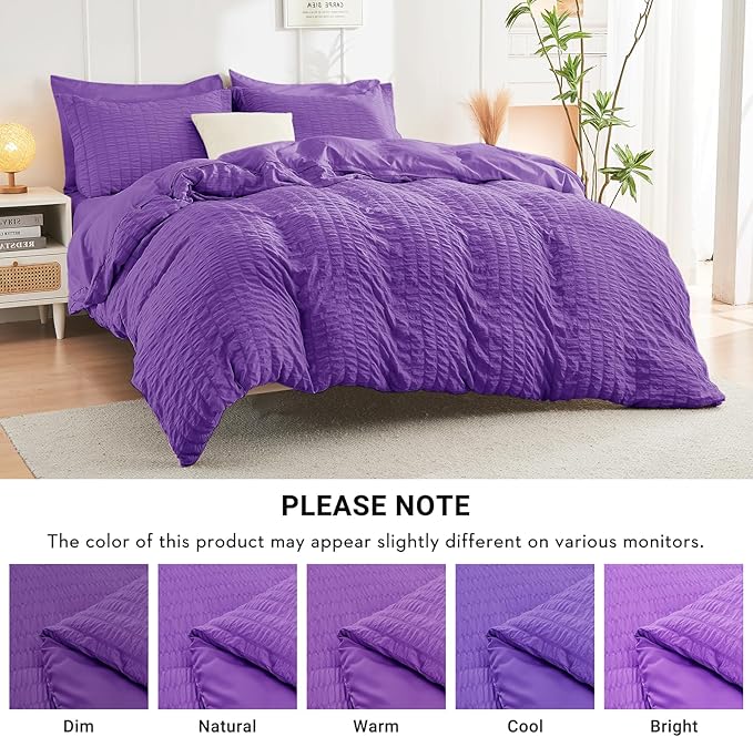 HYMOKEGE Dark Purple California King Comforter Set Seersucker 7 Pieces, All Season Luxury Bed in a Bag for Bedroom, Bedding Set with Comforter, Sheets, Pillowcases & Shams