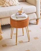 IBUYKE Faux Leather Round Footrest Stool with Storage Ottoman, Makeup Vanity Chair Side Table, PU Dressing Table Seat, Removable Cover, Golden Steel Legs, Light Brown WBD024J