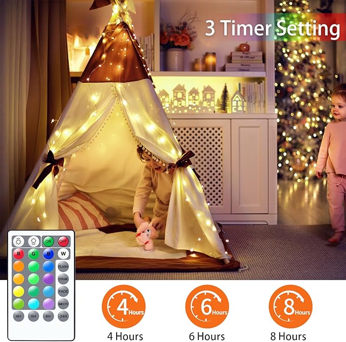 66ft 200LED Fairy Lights Battery Operated, 4 Pack 16.5ft 16 Color Changing String Light with Remote Timer, RGB Waterproof Twinkle Lights for Indoor Outdoor Room Garden Yard Gift Party Christmas Décor