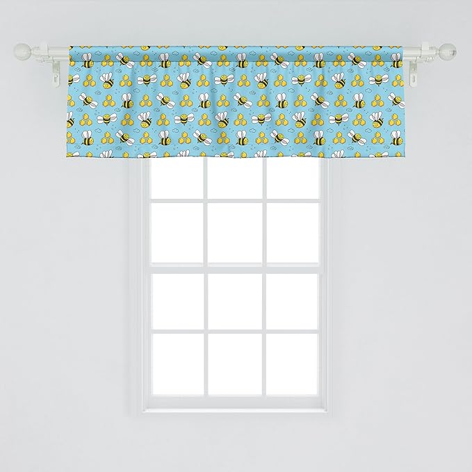 Ambesonne Cartoon Window Valance Pack of 2, Summer Style Funny Demonstration of Happy Flying Characters and Hexagon Comb, Rod Pocket Curtain Valances for Kitchen Bedroom, 42" X 18", Sky Blue Mustard