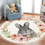 Woodland Animals Round Rugs Flower Crown Rabbit Barn Animal Boho Area Rug in Pastel Color Linen and Cotton Carpet Nursery Rug Washable Hallway Runner Mat Accent Rug for Bedroom Powder Room 3ft
