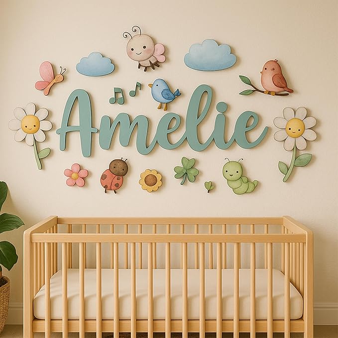 Custom Nursery Name Sign with Themed Decor Kit | Personalized Wooden Wall Art for Baby, Kids Room | Space, Jungle, Circus, Under the Sea, Woodland, Rainbow (20", Fairy Garden)