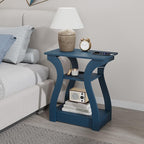 End Table with Charging Station, Side Table with USB Ports and Outlets, Nightstand, 3 Tier End Table with Storage Shelf for Living Room, Bedroom, Navy Blue, Set of 2
