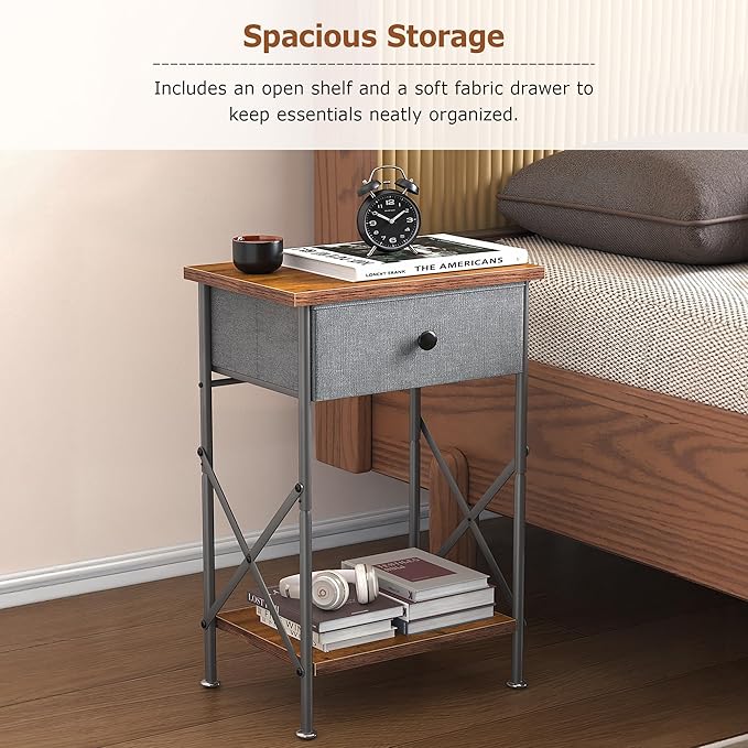 VECELO Nightstand with Drawer, Small Bedside Table with Storage and Adjustable Metal Legs, Wood End Table for Bedroom or Living Room, Perfect for Small Spaces and Modern Farmhouse Décor, Retro Brown