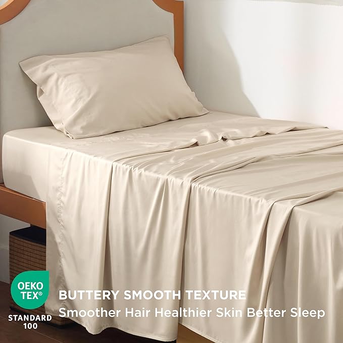 Bedsure Cooling Sheets Twin XL, Rayon Derived from Bamboo, Breathable & Soft Twin XL Sheet Sets, Deep Pocket Up to 16 Inches, Hotel Luxury Silky Dorm Bedding for Hot Sleepers, Beige