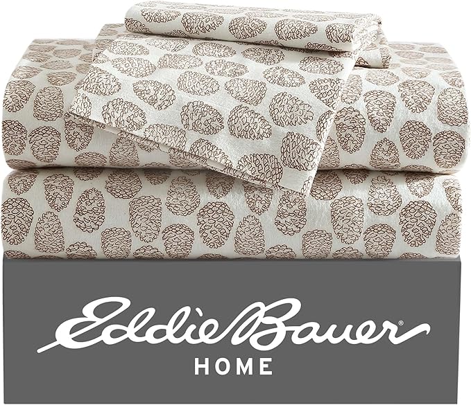 Eddie Bauer - Twin Sheets, Cotton Flannel Bedding Set, Brushed For Extra Softness, Cozy Home Decor (Little Creek Pine Cone Beige, Twin)