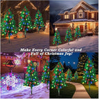 Lewondr Set of 2 Prelit Pathway Christmas Trees, 47.24" Outdoor Xmas Tree with 50 LED Strawberry Lights, Pine Cones Red Green Fruits, Solar and Type-C Powered Xmas Decor with Small Bells for Yard Home