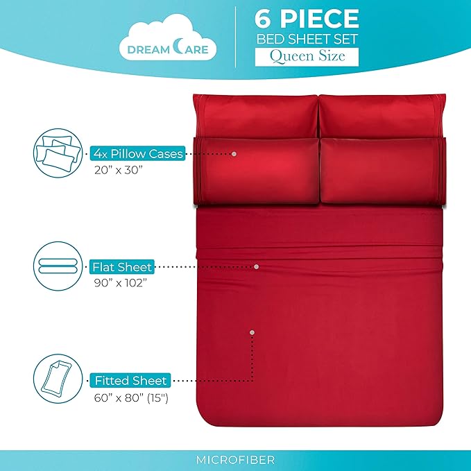 DREAMCARE Queen Sheet Set – 6 pcs Cooling Bed Sheets – up to 15” Deep Sheets Queen Size Bed Set – 2500 Supreme Collection – Extra Soft 100% Brushed Microfiber Hotel Luxury with Side Pocket – Burgundy