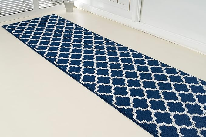 Custom Size Cut to Length Moroccan Trellis Design Runner Rug Mat For Wide Long Hallways with Non-Slip Rubber Backing, Better Traction for Pets, Prevent Slippage, Trellis Navy Blue, 31 inch X 17 feet