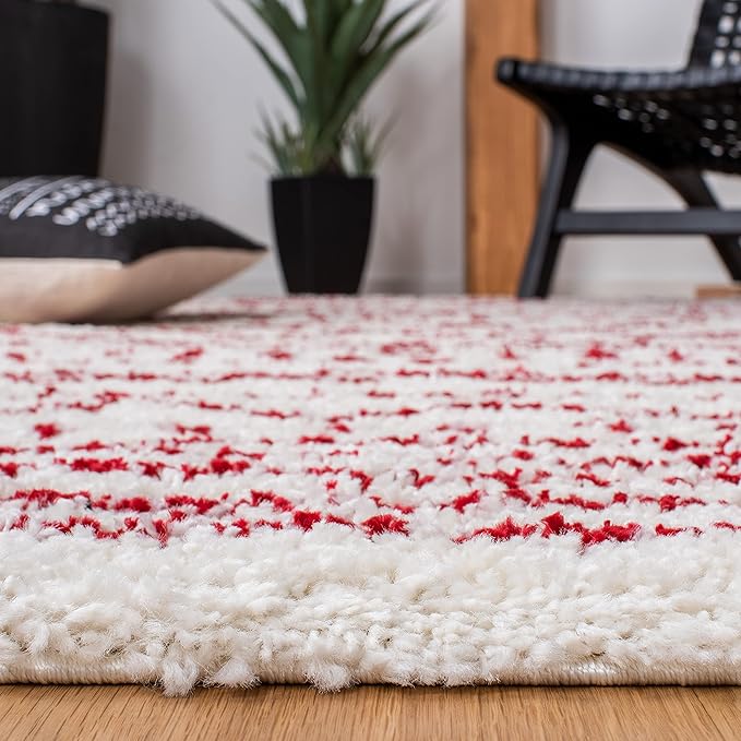 SAFAVIEH Arizona Shag Collection Area Rug - 9' x 12', Ivory & Red, Moroccan Design, Non-Shedding & Easy Care, 1.6-inch Thick Ideal for High Traffic Areas in Living Room, Bedroom (ASG741P)