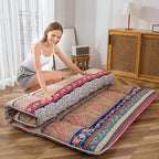 MAXYOYO Bohemian Retro Floor Mattress Vintage Floral Japanese Futon Mattress Roll Up Thicken Sleeping Bed Portable Camping Mattress Floor Lounger Couch Bed Mattress Pad Queen