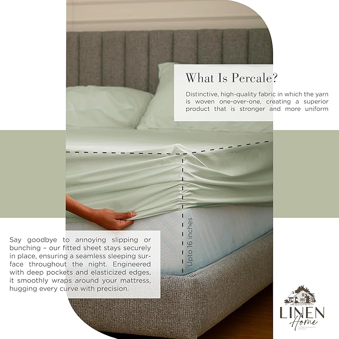 Linen Home 100% Cotton Percale Sheets Twin XL Size, Sage, Deep Pocket, 3 Pieces Set - 1 Flat, 1 Deep Pocket Fitted Sheet and 1 Pillowcase, Crisp Cool and Strong Bed Linen
